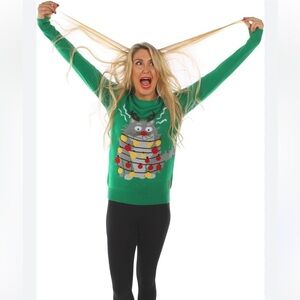 Tipsy Elves Electrocuted Cat Christmas Holiday Ugly Sweater Size XS In Green